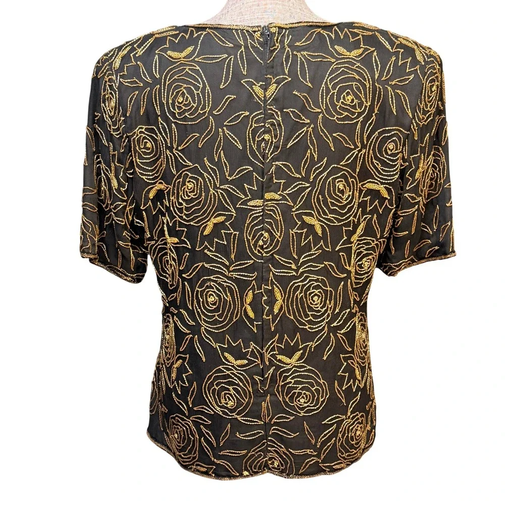 Stenay Vintage‎ Black Silk Gold Beaded Rose Floral Evening Top Blouse XL